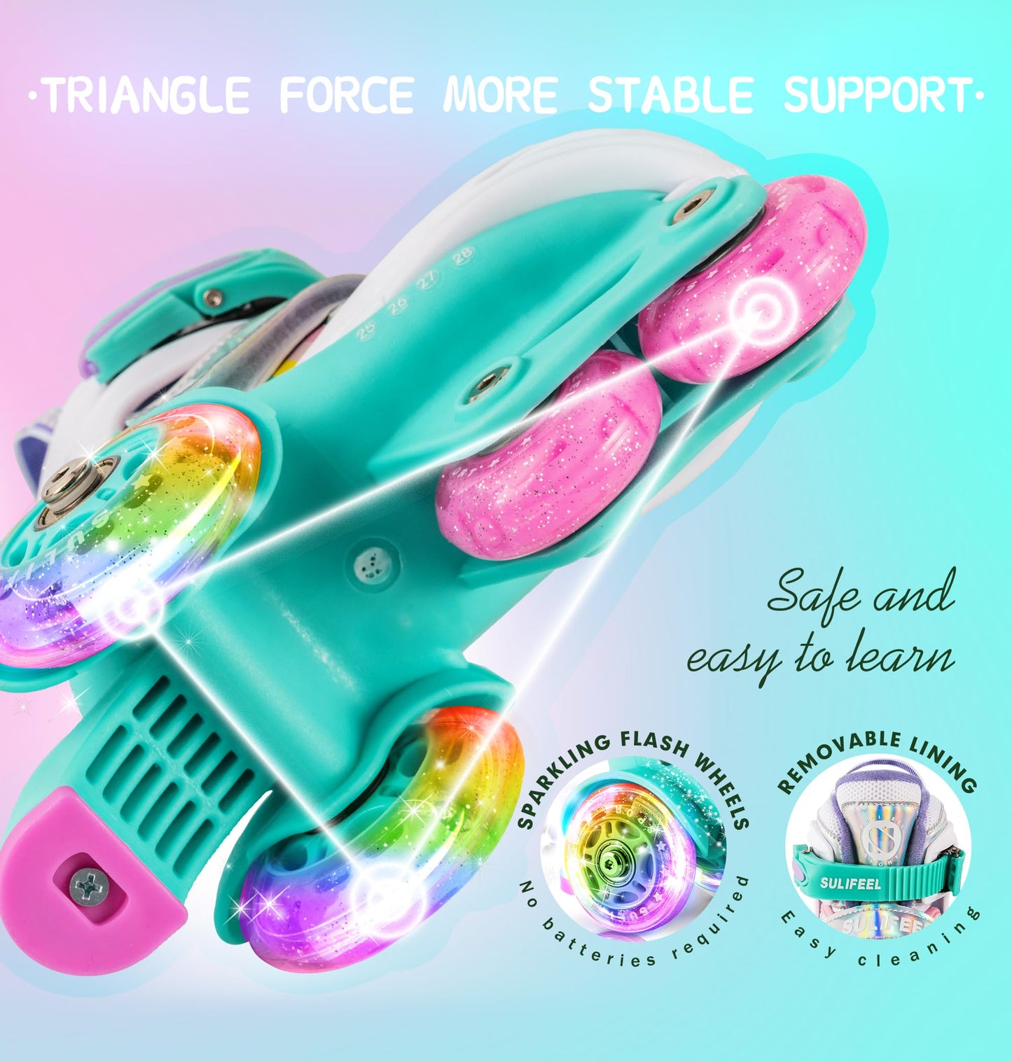 SULIFEEL Rainbow Unicorn 4 Size Adjustable Light up Roller Skates for Girls Boys for Kids Medium