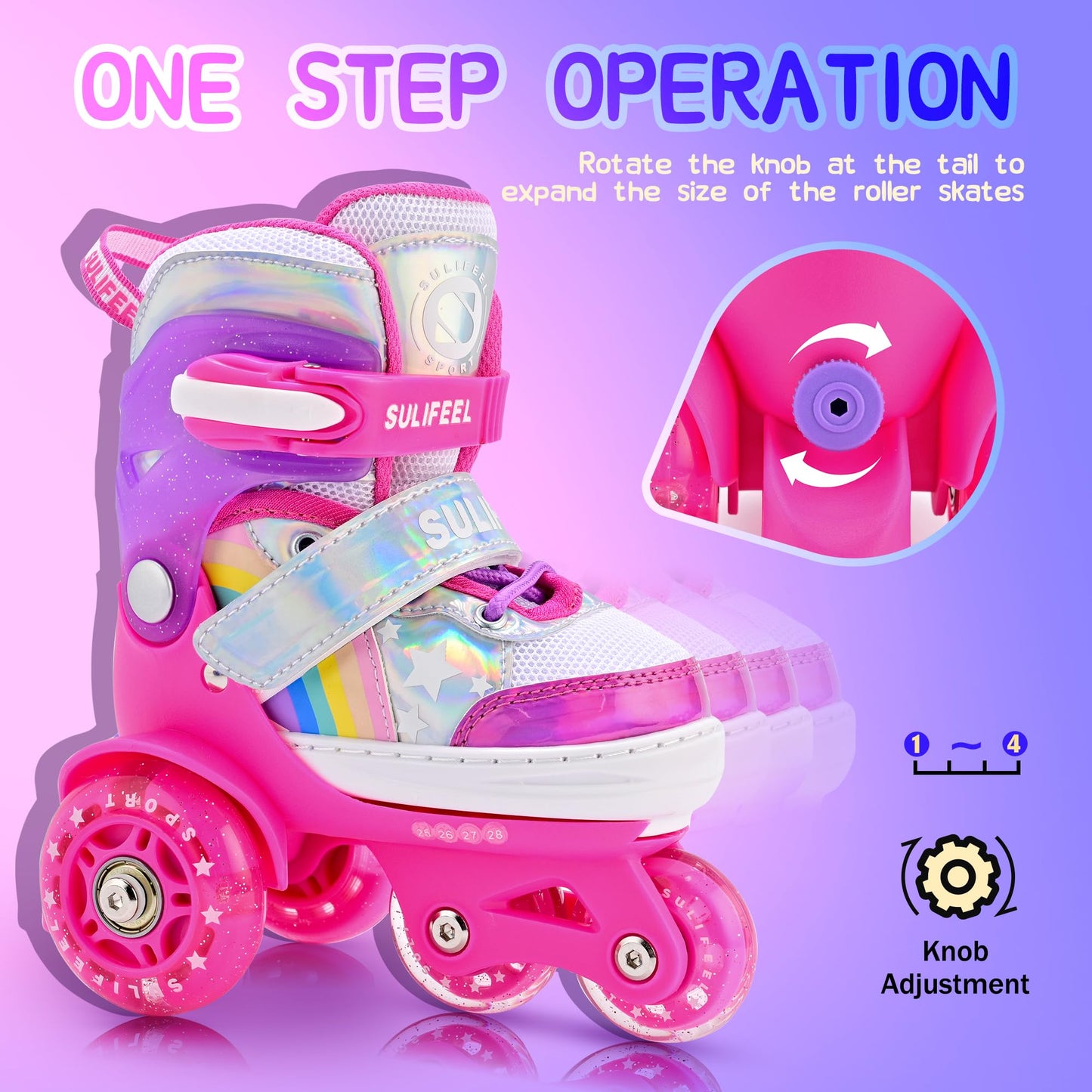 SULIFEEL Rainbow Unicorn 4 Size Adjustable Light up Roller Skates for Girls Boys for Kids Medium