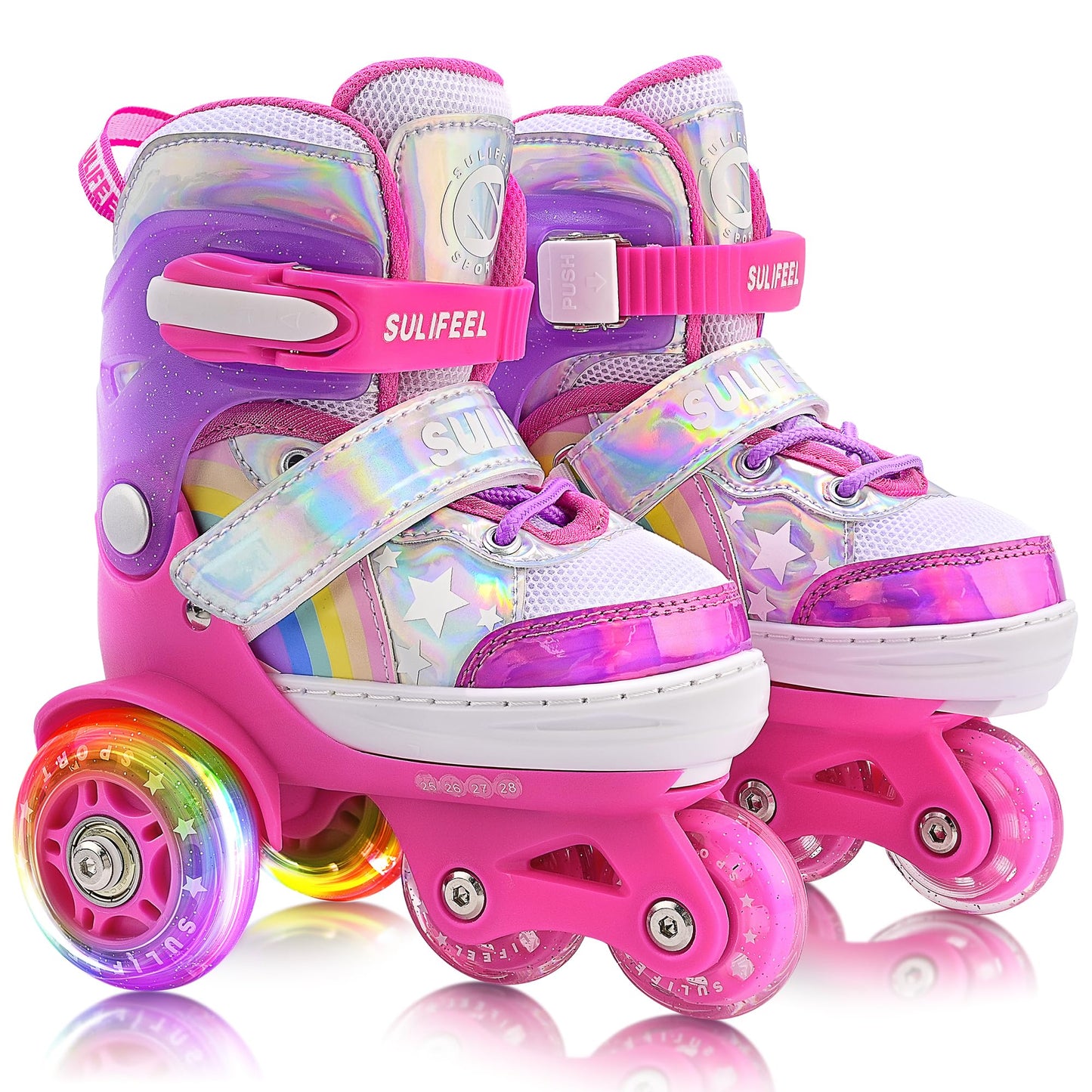 SULIFEEL Rainbow Unicorn 4 Size Adjustable Light up Roller Skates for Girls Boys for Kids Medium