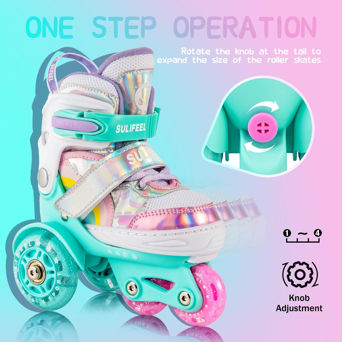 SULIFEEL Rainbow Unicorn 4 Size Adjustable Light up Roller Skates for Girls Boys for Kids Medium