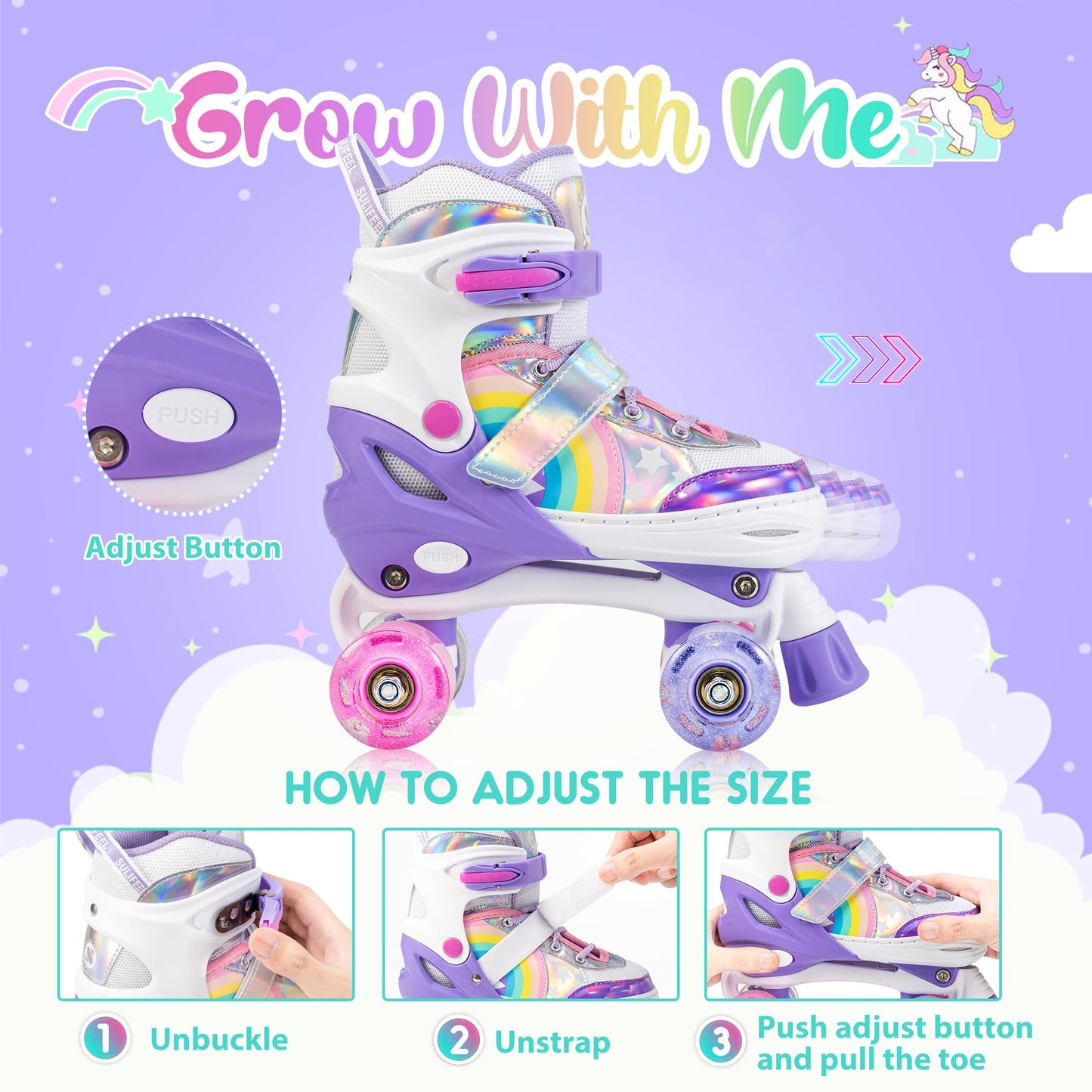 SULIFEEL Rainbow Unicorn 4 Size Adjustable Light up Roller Skates for Girls Boys for Kids Medium