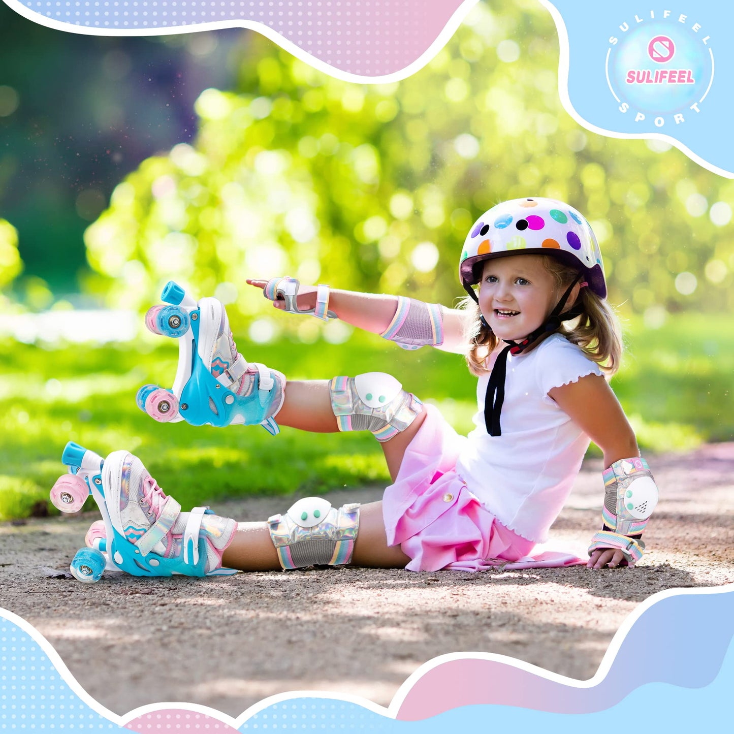 SULIFEEL Rainbow Unicorn 4 Size Adjustable Light up Roller Skates for Girls Boys for Kids Medium