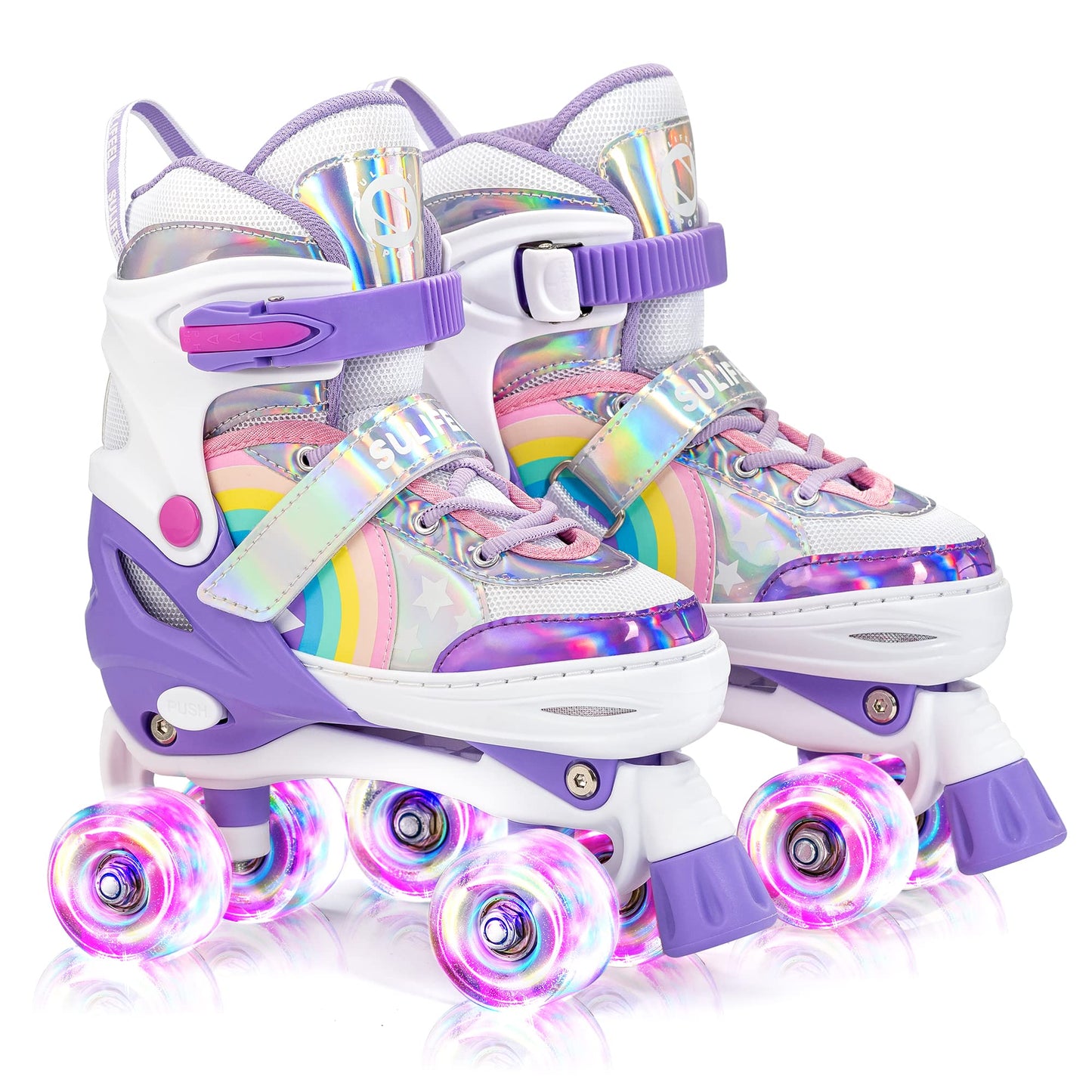 SULIFEEL Rainbow Unicorn 4 Size Adjustable Light up Roller Skates for Girls Boys for Kids Medium