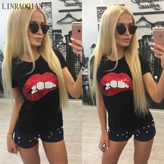 Cotton tshirt women tops sexy lip sequin top t shirt women clothing summer short sleeve o-neck camiseta poleras de mujer