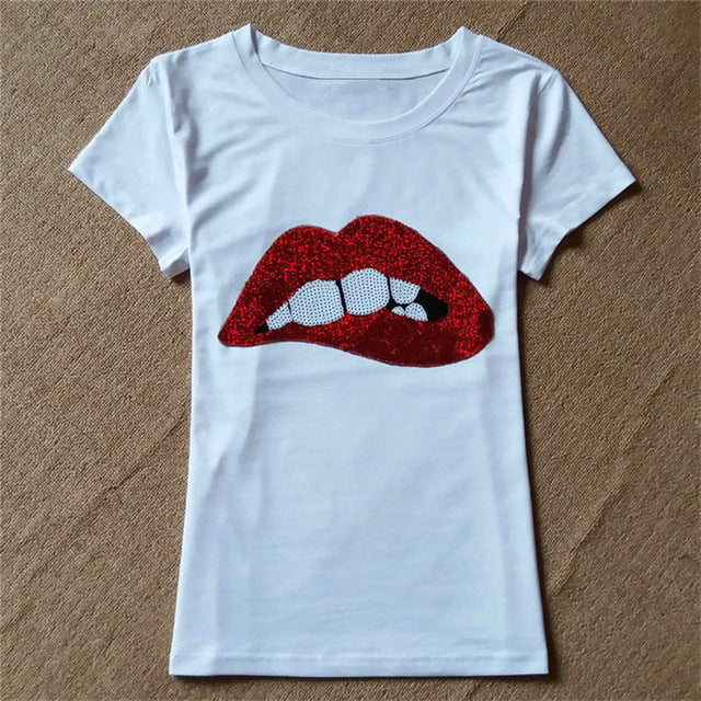 Cotton tshirt women tops sexy lip sequin top t shirt women clothing summer short sleeve o-neck camiseta poleras de mujer