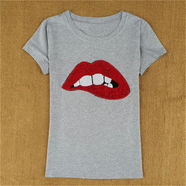 Cotton tshirt women tops sexy lip sequin top t shirt women clothing summer short sleeve o-neck camiseta poleras de mujer