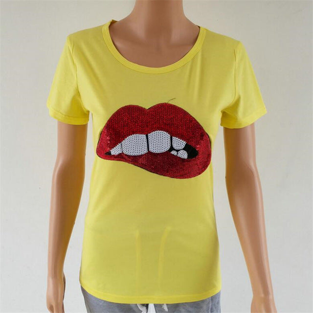 Cotton tshirt women tops sexy lip sequin top t shirt women clothing summer short sleeve o-neck camiseta poleras de mujer