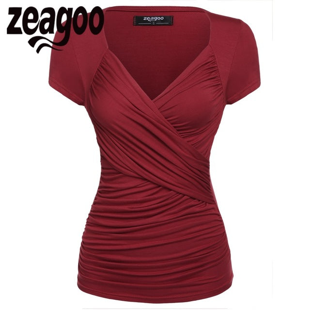 Zeagoo Women Short Sleeve T-Shirt Summer Slim TShirt Sexy V-Neck Cotton Soft Lady Tshirt Women Tops Summer Clothing 15 Color XXL