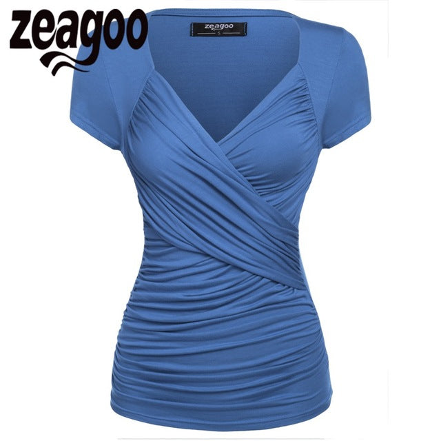 Zeagoo Women Short Sleeve T-Shirt Summer Slim TShirt Sexy V-Neck Cotton Soft Lady Tshirt Women Tops Summer Clothing 15 Color XXL