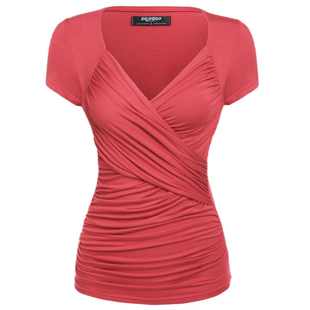 Zeagoo Women Short Sleeve T-Shirt Summer Slim TShirt Sexy V-Neck Cotton Soft Lady Tshirt Women Tops Summer Clothing 15 Color XXL