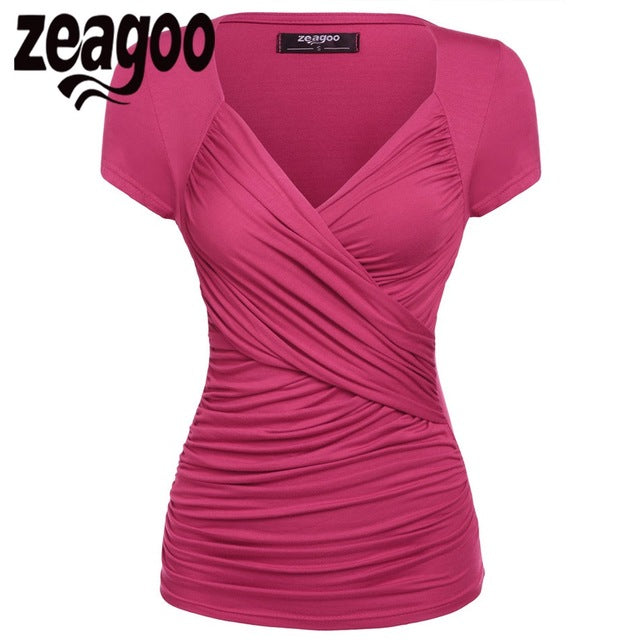 Zeagoo Women Short Sleeve T-Shirt Summer Slim TShirt Sexy V-Neck Cotton Soft Lady Tshirt Women Tops Summer Clothing 15 Color XXL
