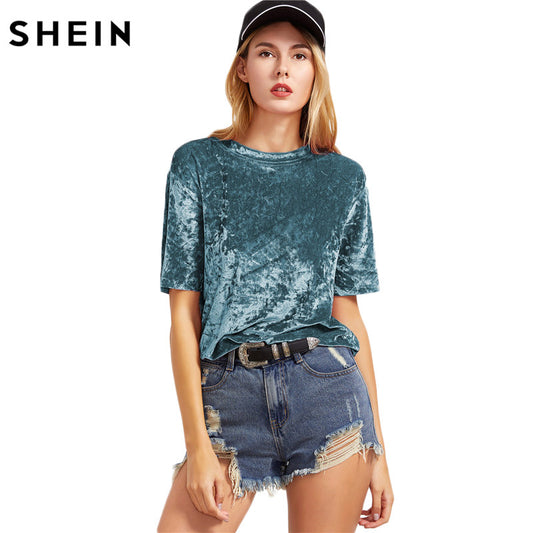 SHEIN Velvet T shirt Women Green Short Sleeve Crushed Velvet T-shirt Summer Ladies Round Neck Casual Tee C3001