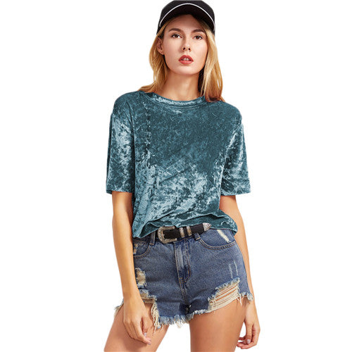 SHEIN Velvet T shirt Women Green Short Sleeve Crushed Velvet T-shirt Summer Ladies Round Neck Casual Tee C3001