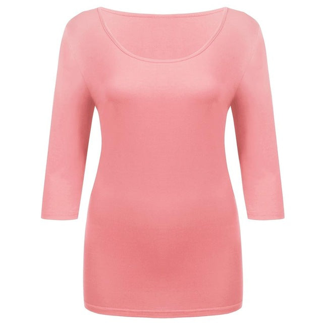 IN'VOLAND Women T-Shirts Top Big Size Autumn Spring Round Collar 3/4 Sleeve Solid Slim Fit Pullover Casual Tshirt Tees Plus Size