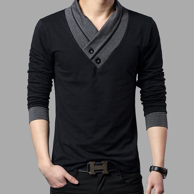2017 Fashion Brand Trend Slim Fit Long Sleeve T Shirt Men Patchwork Collar Tee V-Neck Men T-Shirt Cotton T Shirts Plus Size 4XL