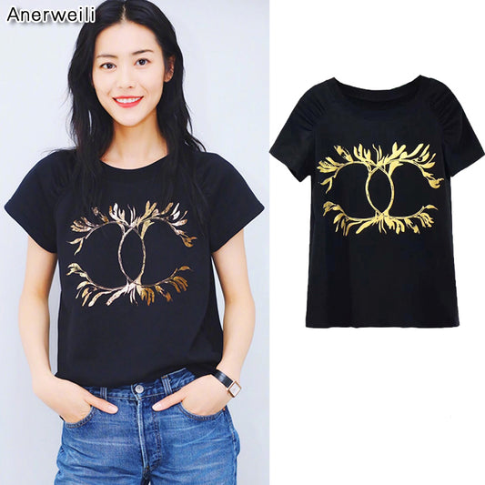 Hot!! New 2018 Summer Women T-shirt Golden Print White Cotton Short Sleeve Tops Tshirt