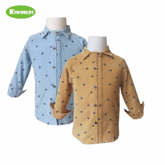 Spring high quality, cotton long sleeved shirts for boys ,with black triangle pattern, warm yellow and blue boy shirts
