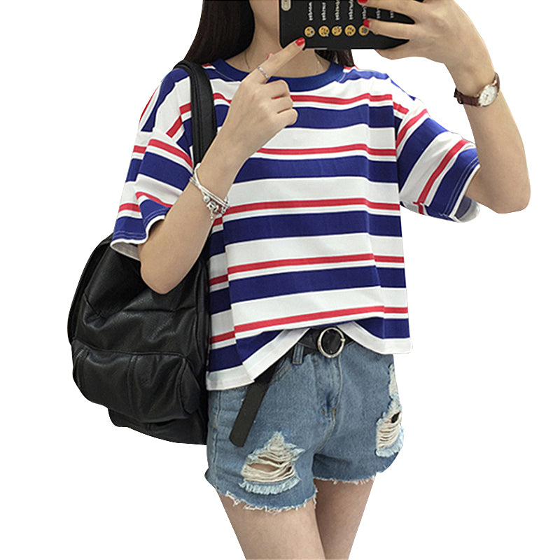 Harajuku 2018 Summer Fashion Hit Color Striped Female T-Shirt Loose O-Neck Cute Casual T shirt Girls Street Costume for Women XL