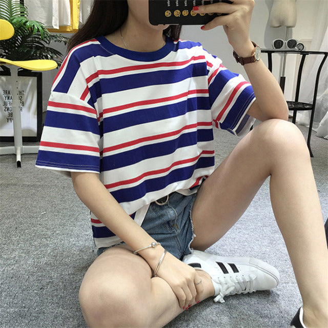 Harajuku 2018 Summer Fashion Hit Color Striped Female T-Shirt Loose O-Neck Cute Casual T shirt Girls Street Costume for Women XL