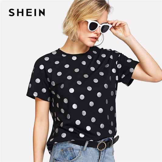 SHEIN 2018 Summer Black Elegant Regular Fit Tops Silver Polka Dot Print Tee Women Short Sleeve  Round Neck Casual T shirt