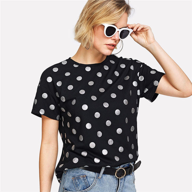 SHEIN 2018 Summer Black Elegant Regular Fit Tops Silver Polka Dot Print Tee Women Short Sleeve  Round Neck Casual T shirt