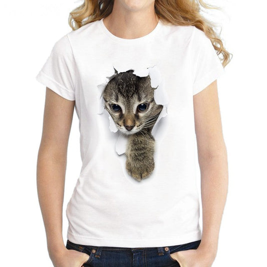 2017 Piu Nuovo Donne T Shirt 3D Cute Cat Stampato Top Manica Corta Slim Lady T-Shirt Divertente Animale Tee