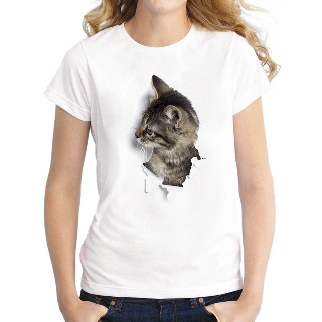 2017 Piu Nuovo Donne T Shirt 3D Cute Cat Stampato Top Manica Corta Slim Lady T-Shirt Divertente Animale Tee