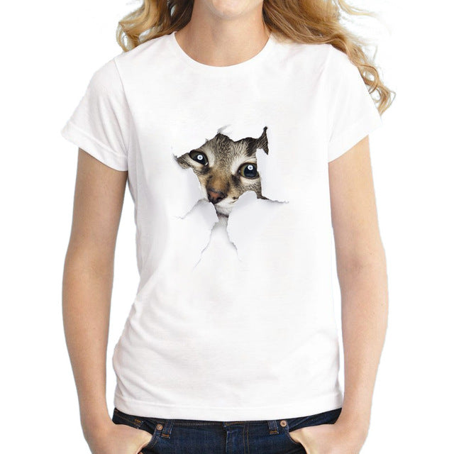 2017 Piu Nuovo Donne T Shirt 3D Cute Cat Stampato Top Manica Corta Slim Lady T-Shirt Divertente Animale Tee