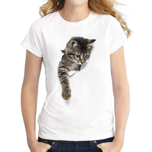 2017 Piu Nuovo Donne T Shirt 3D Cute Cat Stampato Top Manica Corta Slim Lady T-Shirt Divertente Animale Tee