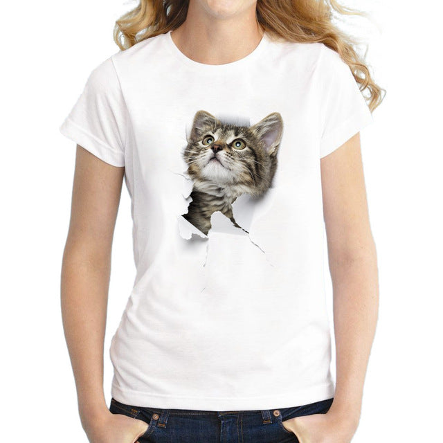 2017 Piu Nuovo Donne T Shirt 3D Cute Cat Stampato Top Manica Corta Slim Lady T-Shirt Divertente Animale Tee