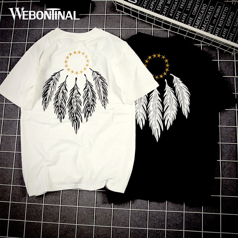WEBONTINAL Summer Cotton Loose Streetwear T Shirt Men Casual Pentagram Feather Print Rock Hip Hop Tshirt Fashion Hiphop Top Tees