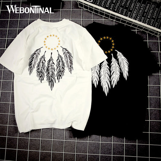 WEBONTINAL Summer Cotton Loose Streetwear T Shirt Men Casual Pentagram Feather Print Rock Hip Hop Tshirt Fashion Hiphop Top Tees