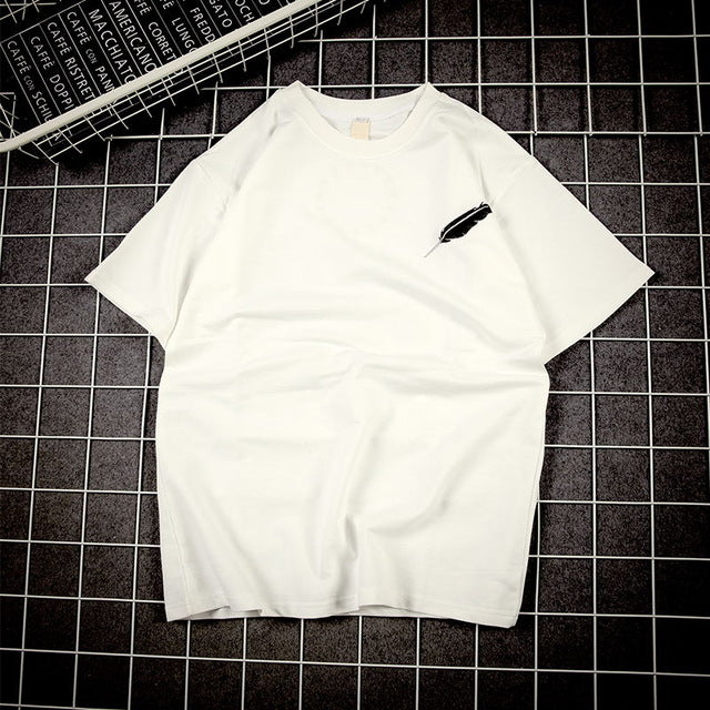 WEBONTINAL Summer Cotton Loose Streetwear T Shirt Men Casual Pentagram Feather Print Rock Hip Hop Tshirt Fashion Hiphop Top Tees