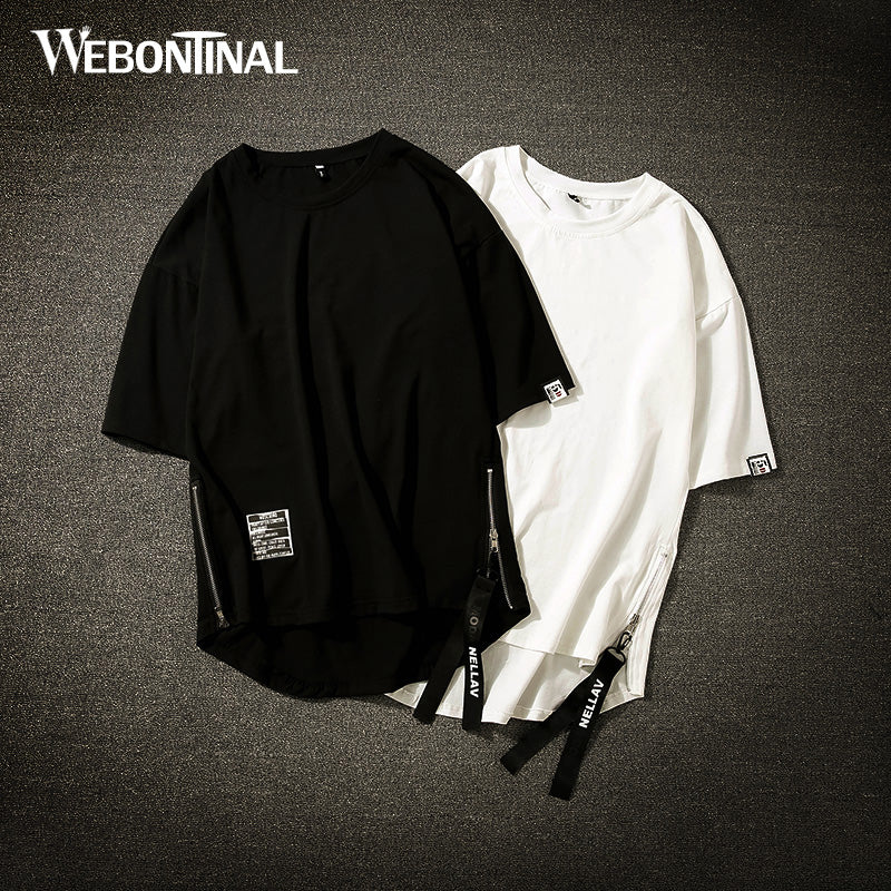 WEBONTINAL Summer Plus Size both sides zip Cotton Loose Streetwear T Shirt Men Casual Rock Hip Hop Tshirt Fashion Hiphop Top Tee