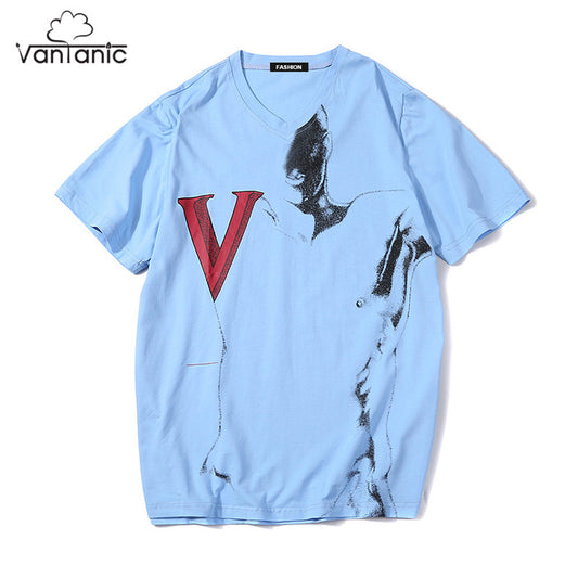 Vantanic Brand Clothing T Shirt Men Summer Short Sleeve Cotton Casual Printed V-Neck Men T-Shirt Hip Hop Streetwear 3XL HTCT012