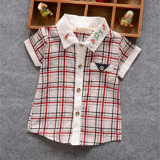 Summer new fashion baby boys plaid short-sleeved shirt + free gift