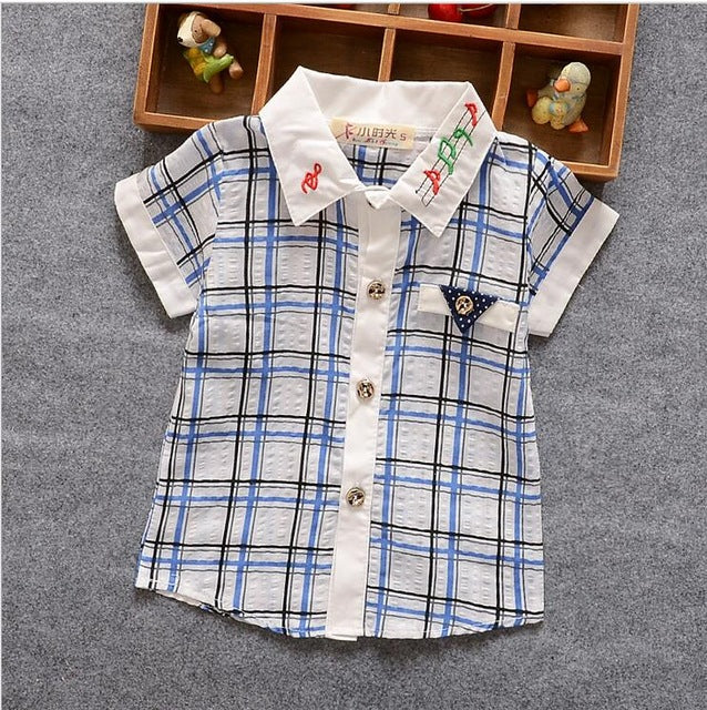 Summer new fashion baby boys plaid short-sleeved shirt + free gift